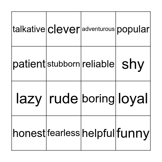 Character Traits Bingo Card