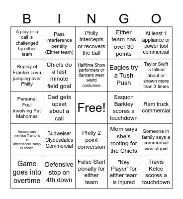 Chiefs VS Eagles Super Bowl Bingo Card