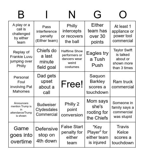 Chiefs VS Eagles Super Bowl Bingo Card