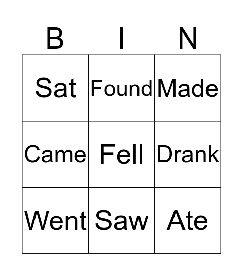 Irregular past tense Bingo Card