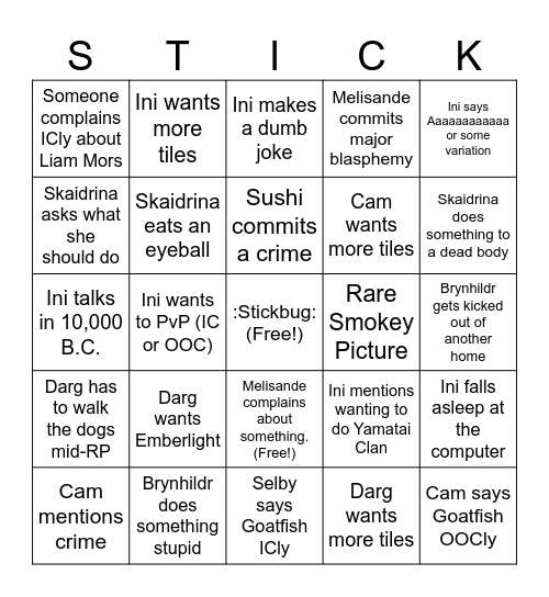 Stickbug Bingo Card