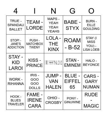 4 LETTER SONGS Bingo Card