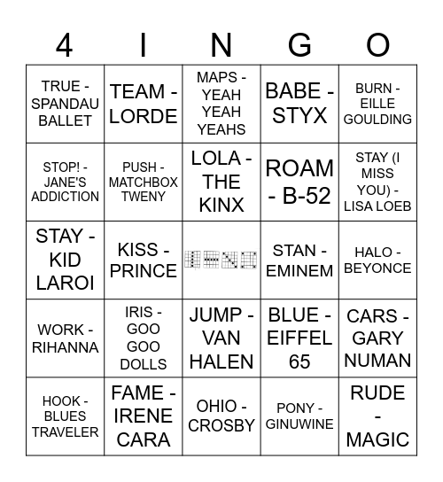 4 LETTER SONGS Bingo Card