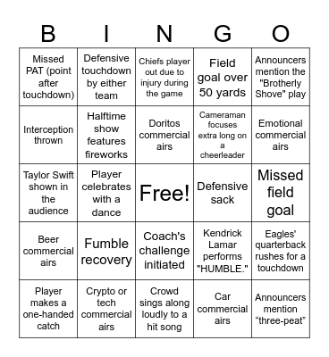SUPER BOWL BINGO Card