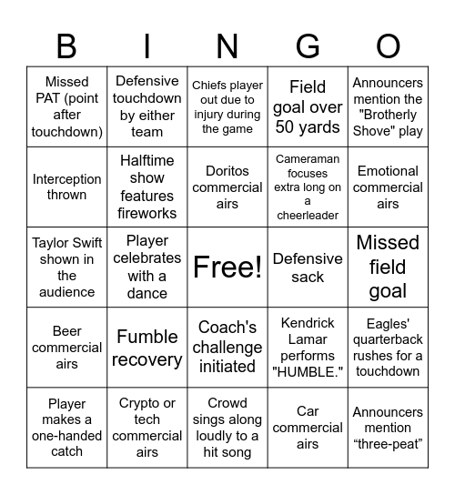 SUPER BOWL BINGO Card