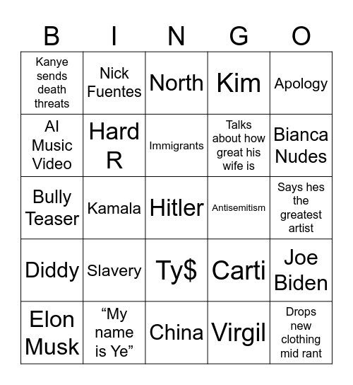 Ye Twitter rant bingo Card