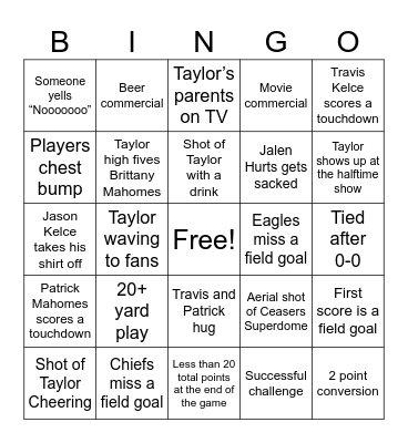 Taylor Swift Super Bowl Bingo Card