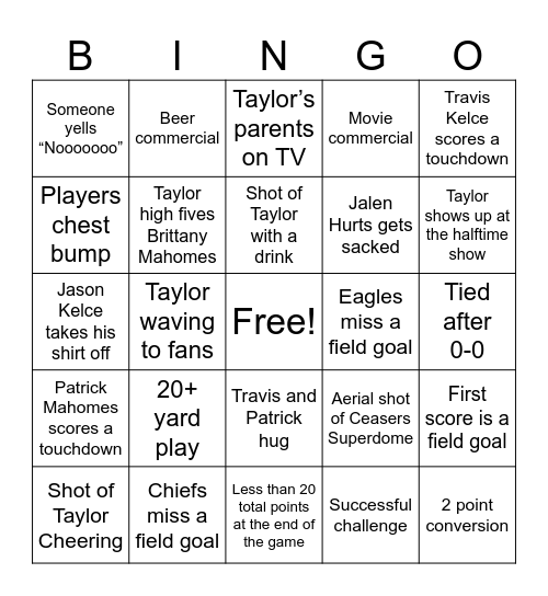 Taylor Swift Super Bowl Bingo Card