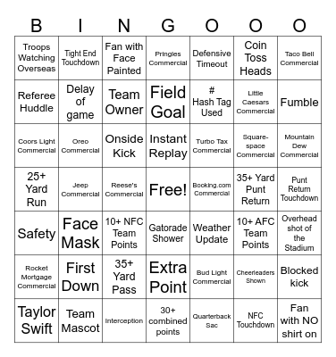 Super Bowl BINGO Card