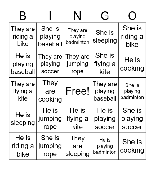 Present Participle Bingo Card