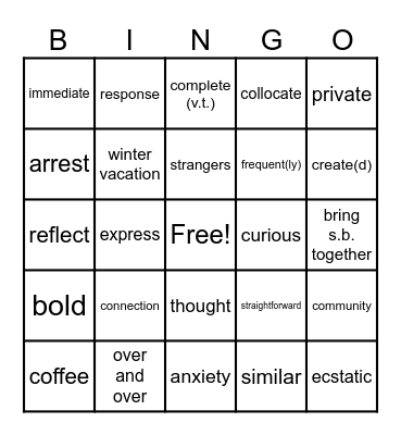 Unit 1A Vocuabulary Bingo Card