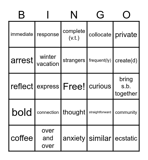 Unit 1A Vocuabulary Bingo Card