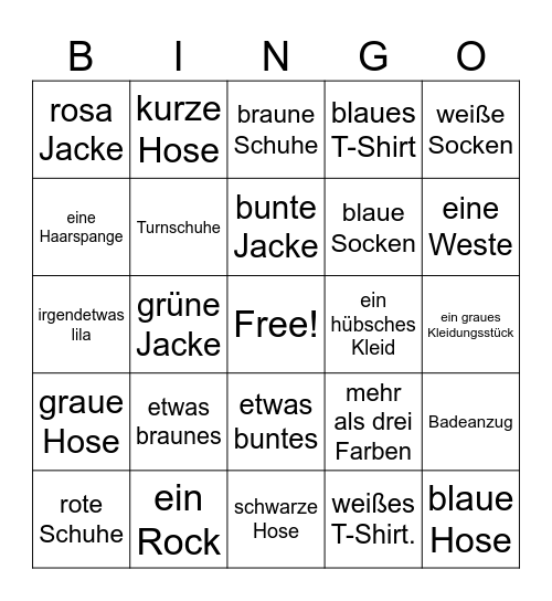 Klamotten Bingo Card