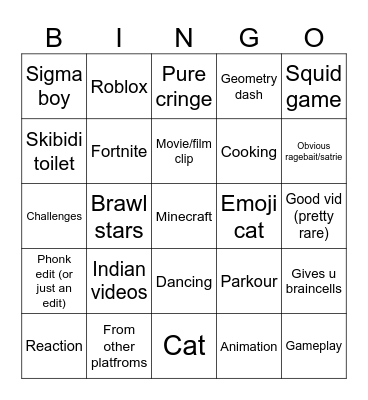 YT shorts card Bingo Card