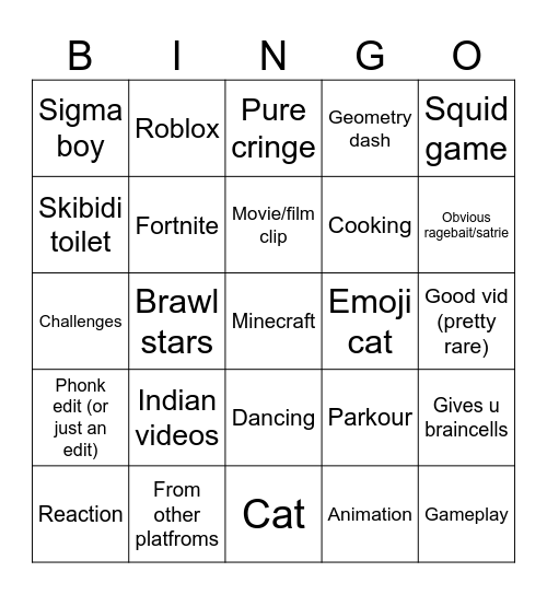 YT shorts card Bingo Card