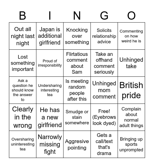 Adam Bingo Card