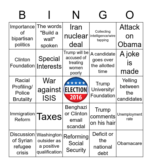 Presidential Debate 9/26/2016 Bingo Card