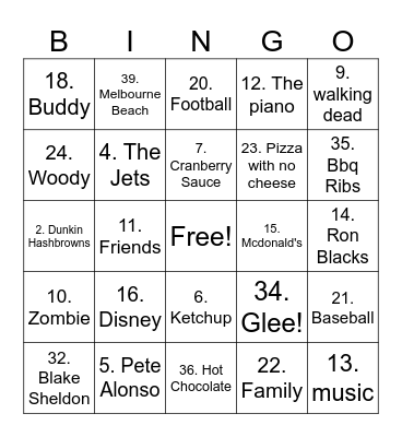 Sammi's Favorites Bingo Card