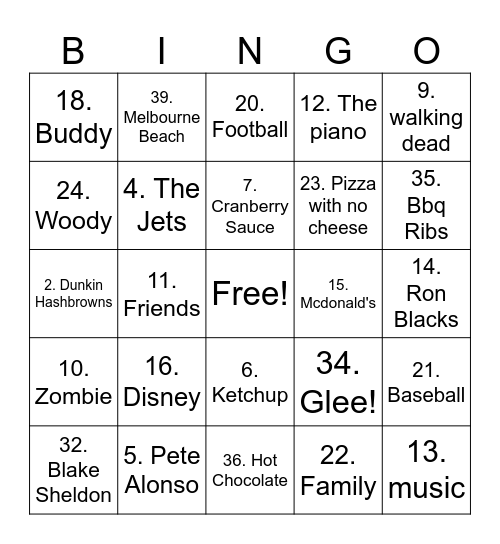 Sammi's Favorites Bingo Card