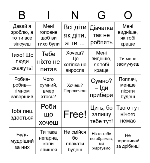 Батьківська інвалідація Bingo Card