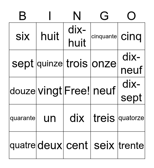 Bingo en FRANÇAIS!! Bingo Card