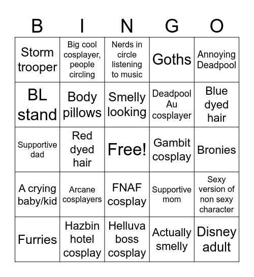 Comic Con Bingo Card