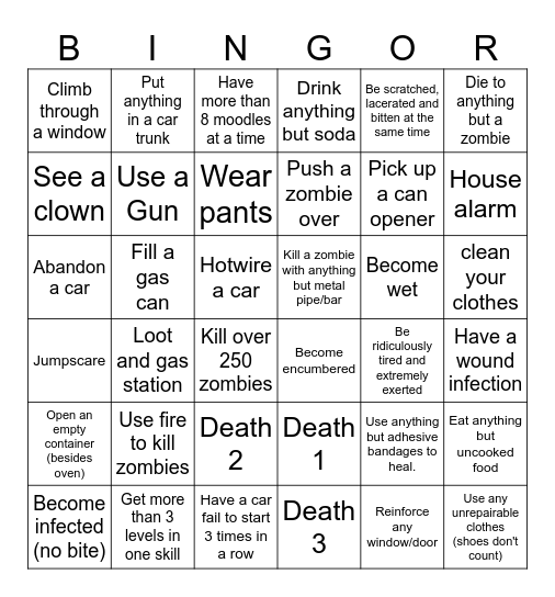Project Zomboid Bingor Bingo Card