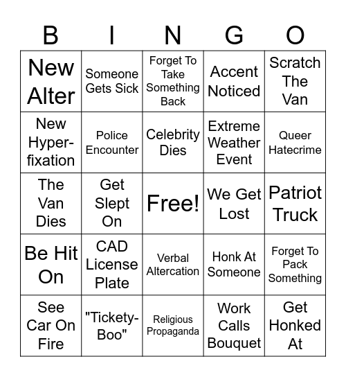 TRA & Bouquet's Roadtrip Bingo Card