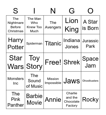 Singo Movie Edition Bingo Card