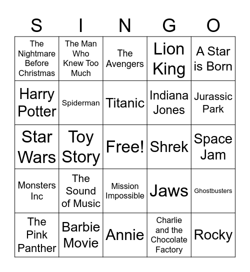 Singo Movie Edition Bingo Card
