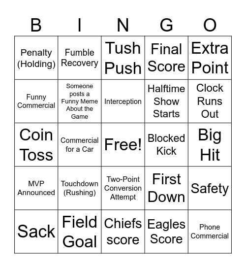 Super Bowl Bingo Card