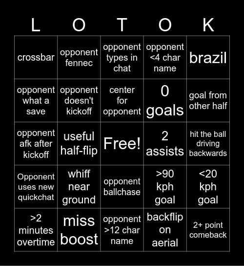 Rocket League Bingo Card