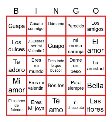 Feliz Dia de San Valentin Bingo Card