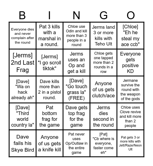 Nonsense Valo Bingo Card