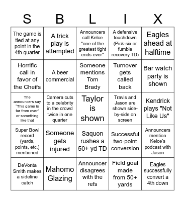 Super Bowl Bingo Card
