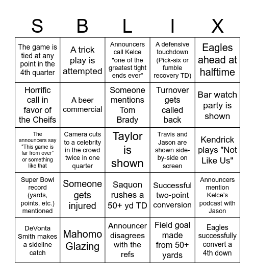 Super Bowl Bingo Card