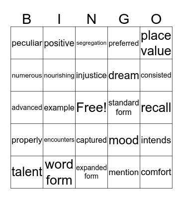 Lesson 2 Vocabulary Bingo Card
