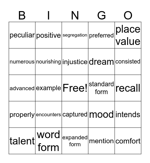 Lesson 2 Vocabulary Bingo Card