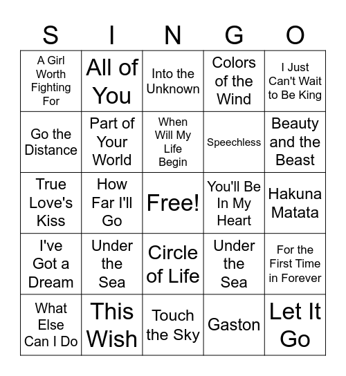 SINGO Bingo Card