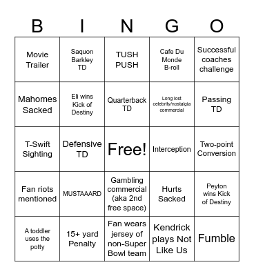 Super Bingo Bowl Bingo Card