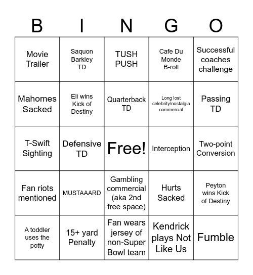 Super Bingo Bowl Bingo Card