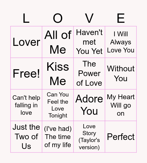 VALENTINE'S SONGS Bingo Card
