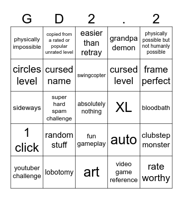 Geometry Dash Recent Tab Bingo 2.207 Harder Version Bingo Card