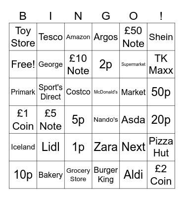 GHA Money & Shopping #2 Bingo Card