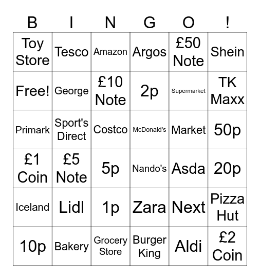 GHA Money & Shopping #2 Bingo Card