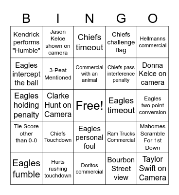 Super Bowl 2025 Bingo Card