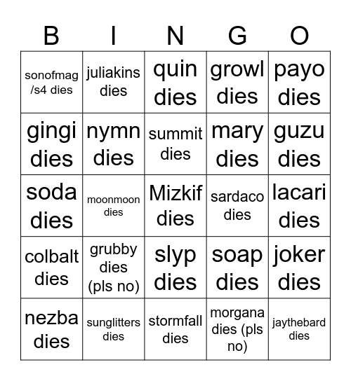 Mizkif Death Bingo Card