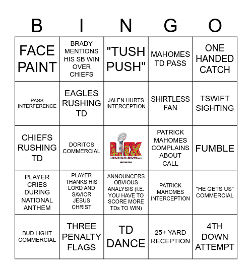 Super Bowl LIX Bingo Card