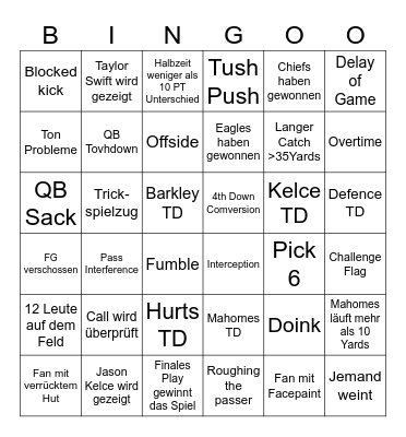 Super Bowl Bingo Card