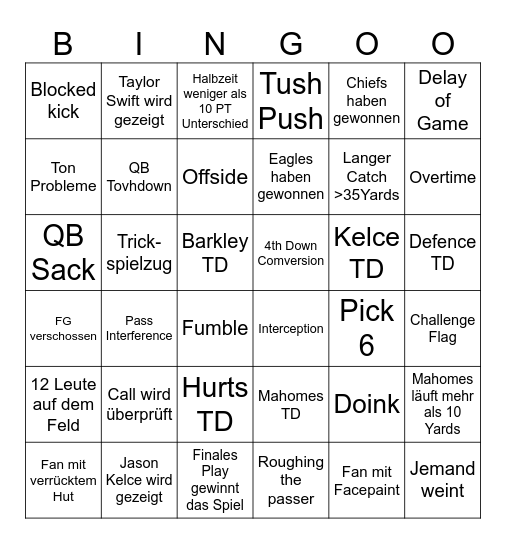 Super Bowl Bingo Card